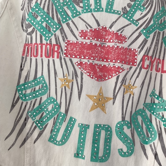 Harley-Davidson xs white and teal denim sparkle studded wings top - Picture 6 of 6
